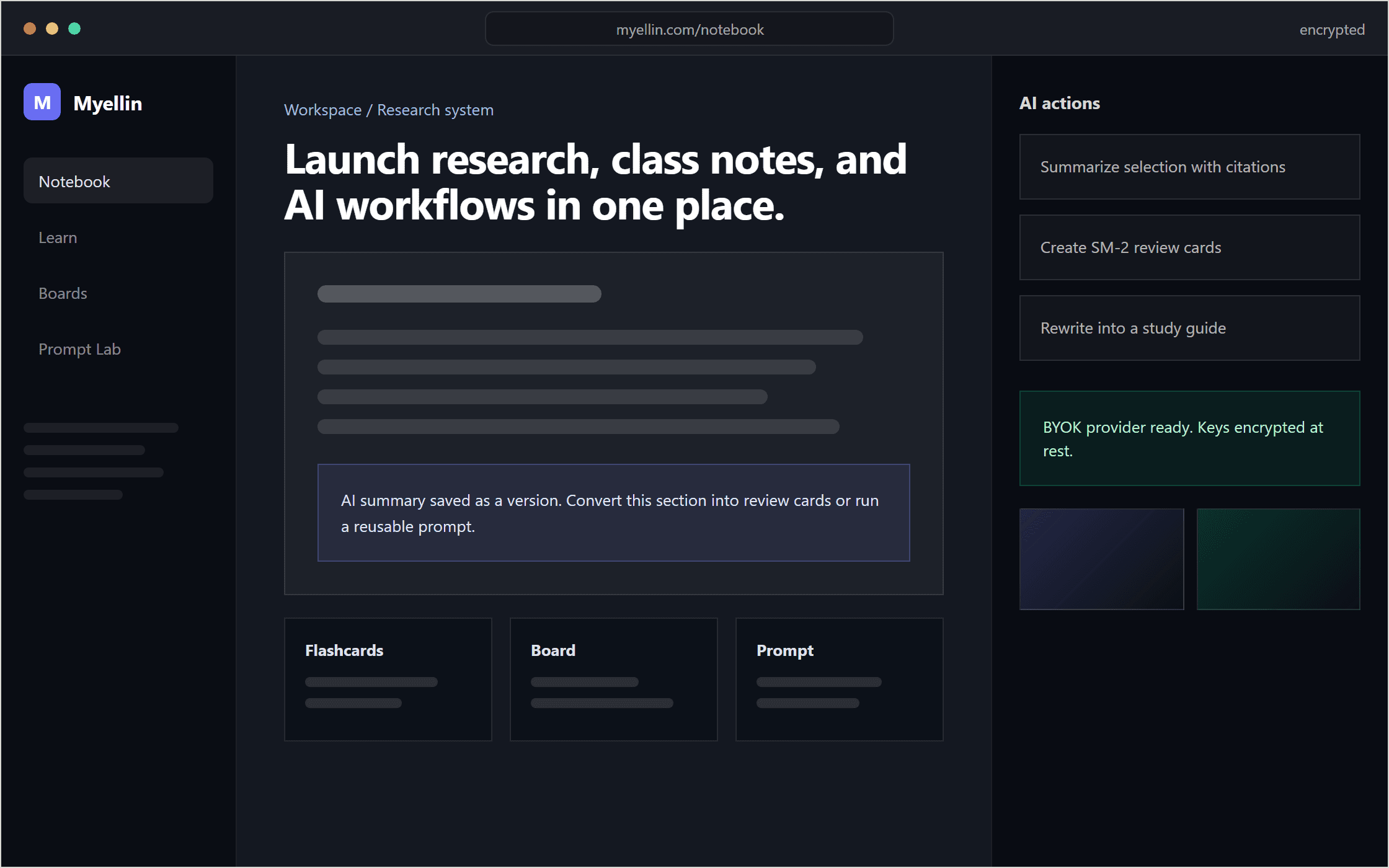 Myellin notebook workspace showing notes, flashcards, boards, and AI actions
